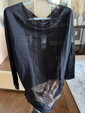 Eileen Fisher Sheer Black Lightweight Long Sleeve Layering Top NWT $238